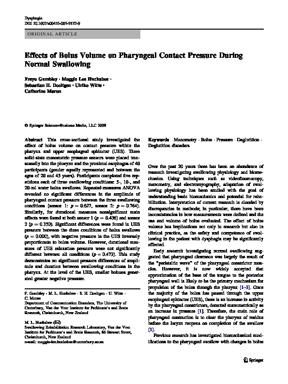 Download Effects of bolus volume on pharyngeal contact pressure during normal swallowing.